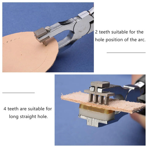 Angled Leather Hole Punch Pliers With Double Lever, High Hardness Stainless Steel displaying 2 and 4 teeth options on leather
