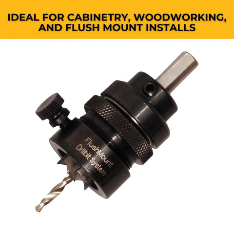 Flush Mount Drill Bit System With Micro Adjust Locking Thumb Screw Nine Sixteenth Inch Carbide Cutter Micro Depth Adjust One Eighth Inch Pilot Bit Stop Collar Spins Freely Includes PowerHead Screws For Slick Cabinet And Furniture Installations