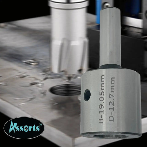 Half Inch Shank Tool Steel Holder With Lock Screw For 19 mm Rota Broaches, shown during use on a drill press.