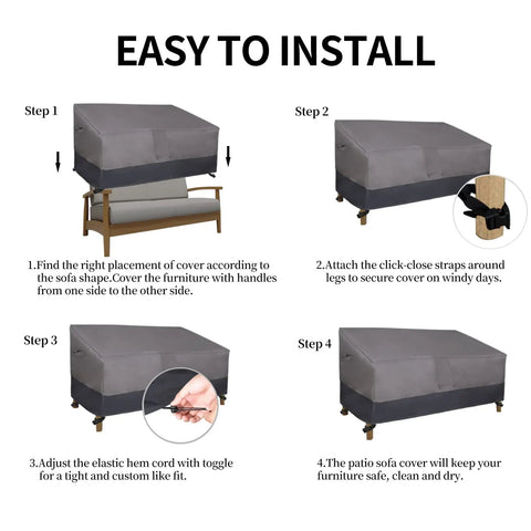 Steps to install Heavy Duty 2 Seater Outdoor Loveseat Cover Waterproof Windproof With Air Vent 58 Inch Wide 32.5 Inch Deep 31 Inch High Gray Dark Gray