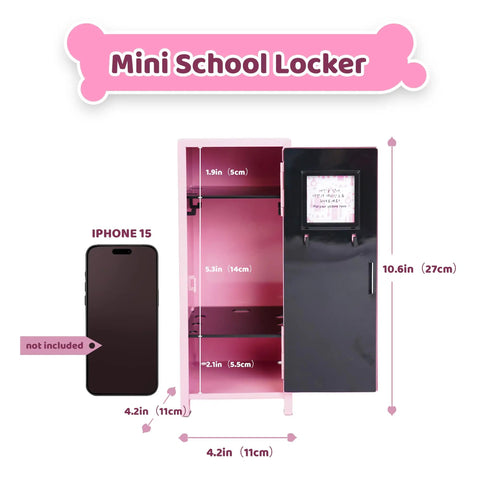 Pink Miniature Metal Locker With Secure Diary Lock And Two Keys For Hella Cute Desk Setup Soft Padded Base Back To School Gift Storage Cabinet With Magnetic Stickers, dimensions displayed with iPhone 15 for scale.
