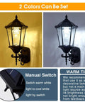 Solar Wall Lantern Outdoor Light Dusk To Dawn, 21 Inch Aluminum Housing, Warm and Cool Light, Manual Switch Display