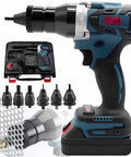 Top Tier Cordless Rivet Gun With Dual 26V Lithium Batteries And Seven Swap Out Tips showing the tool with tips and charger.