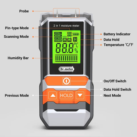 2 In 1 Pin And Pinless Wood Moisture Meter Digital Humidity Sensor Detector front view with labeled features