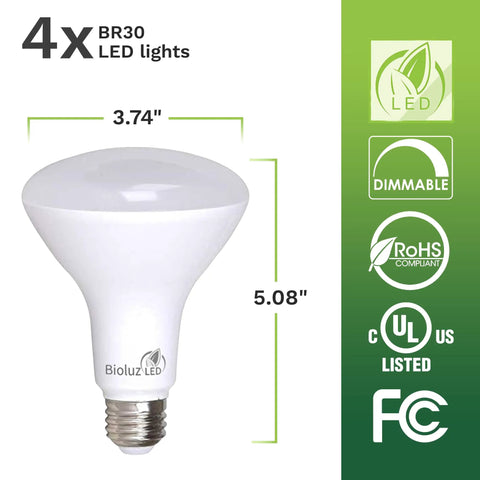 4 Pack BR30 LED Bulbs For Indoor Flood Lighting, 90 Plus CRI, 7.5W Equals 65W, 650 Lumens Dope Brightness, E26 Base, UL Listed