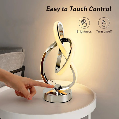 Close-up of LED lamp with entwined aluminum design, touch control for brightness, showcasing Set of 2 LED Table Lamps With Touch Control Three Way Dimmable Desk Lamps For Bedside Office Or Living Room Entwined Aluminum Design Warm White Light For Cozy Modern Nightstand Reading