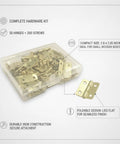 Flush Lid Foldable Iron Hinges for Jewelry Boxes and Small Wood Crafts, 50 pack kit with mounting screws shown in a storage box