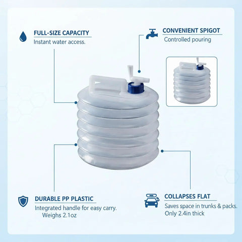 Collapsible Bucket For Camping And Home Use, Folding Water Container With Handy Handle shown with spigot and size details