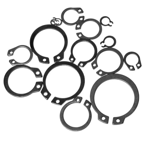 Heavy Duty Snap Ring Kit With 225 Quality Circlips Covering M3 To M25 Sizes Built From Tough Black Alloy Steel showing various circlips