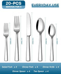 20 Piece Silverware Set For Four Built From Food Grade Stainless Steel Flatware with labeled forks, knives, and spoons on white
