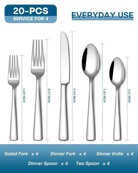 20 Piece Silverware Set For Four Built From Food Grade Stainless Steel Flatware with labeled forks, knives, and spoons on white