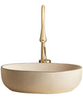 Retro Oval Ceramic Vessel Sink for Bathroom Vanity featuring a modern minimalist design with a gold faucet.