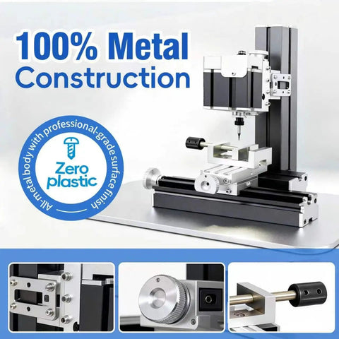 Top Tier Mini Metal Milling Machine And Vertical Mill Lathe With Slick Electroplated Body 36 Watt Motor Cranking 20000 RPM, 100% metal construction.