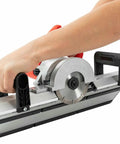 Professional Electric Tile Chamfering Machine With Solid Aluminum Base For Dead On 45 Degree Ceramic Edges Using Quick Swap Blades. Handheld view.