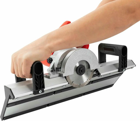 Professional Electric Tile Chamfering Machine With Solid Aluminum Base For Dead On 45 Degree Ceramic Edges Using Quick Swap Blades. Handheld view.