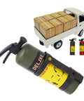 Badass Lightweight Portable RC Car Fire Extinguisher With Insane Realistic Simulation Molded In Green beside a toy truck.