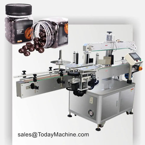 Top Tier Pro Automatic Round Bottle Labeling Machine Hella Accurate High Speed Sticker Applicator with jars of chocolate balls.