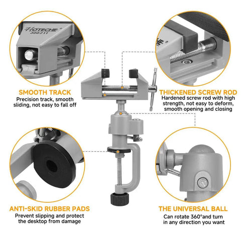 Universal Table Vise 3 Inch With 360 Degree Swivel Base Heavy Duty Aluminum Bench Clamp close-up with features highlighted