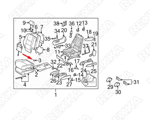 Illustration showing parts diagram for Toyota car seat components with numbered labels for each part