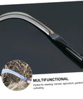Two Piece Portable Reaping Hook For Gardening And Mowing Ergonomic Grip, curved steel blade with black handle on black background