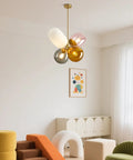 Modern Colorful Glass Pendant Lights With Gold Globe Finish in kids room, stained glass balloon chandeliers, pink orange white gray shades