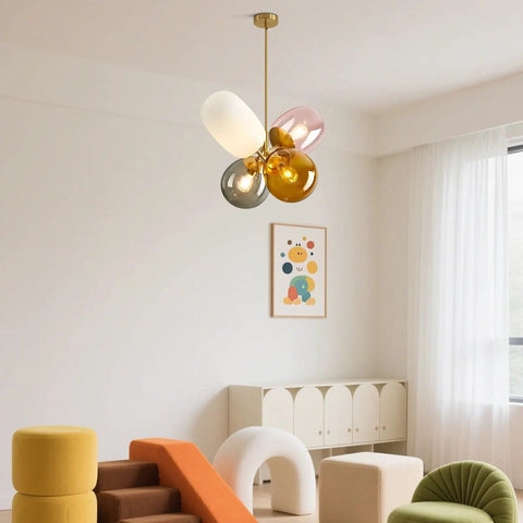 Modern Colorful Glass Pendant Lights With Gold Globe Finish in kids room, stained glass balloon chandeliers, pink orange white gray shades