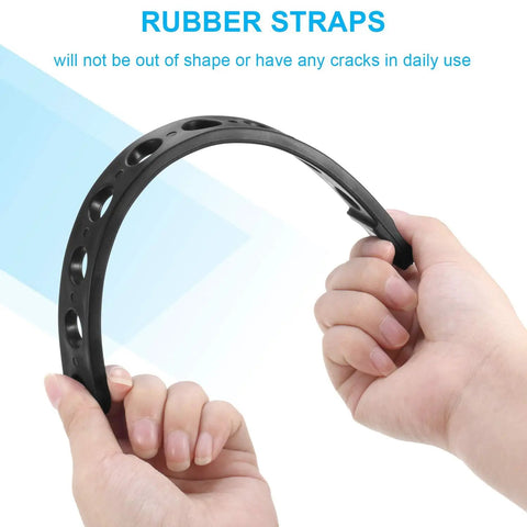 Hands holding must have six piece black rubber strap set for bike rack replacement cradle straps, nine inches long.