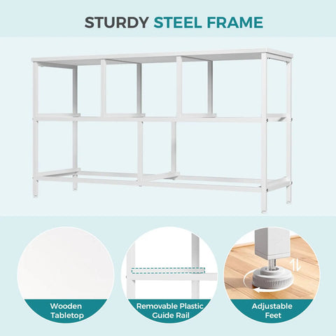 Sleek White Dresser For Bedroom with sturdy steel frame, wooden tabletop, and removable guide rail for versatile storage.
