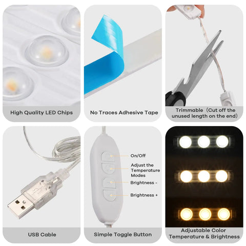 LED Vanity Lights for Mirror Hollywood Style Strip with Adjustable Color Temperature and Brightness USB Powered Dimmable Makeup Lighting for Dressing Room White 54 LEDs showing components and features, including LED chips, adhesive tape, trimmable strip, USB cable, toggle button, and color temperature adjustment.