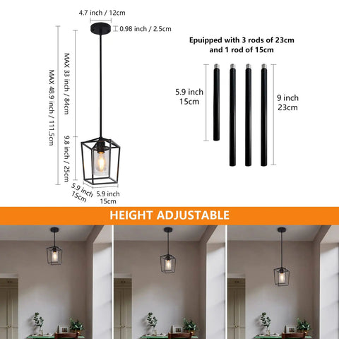 Height Adjustable Black Iron Cage Farmhouse Pendant Light With Clear Glass Shade size and installation details