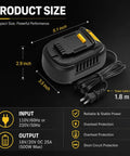 Heavy Duty AC To DC Power Converter For DeWalt 18V And 20V Cordless Tools 500W Transformer Adapter showing dimensions and cable length.