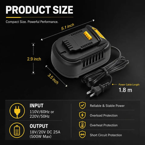 Heavy Duty AC To DC Power Converter For DeWalt 18V And 20V Cordless Tools 500W Transformer Adapter showing dimensions and cable length.