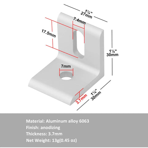 Diagram of Slotted Inside Corner Braces For 3030 Aluminum Extrusion, Twelve Pack, showing dimensions and material details.