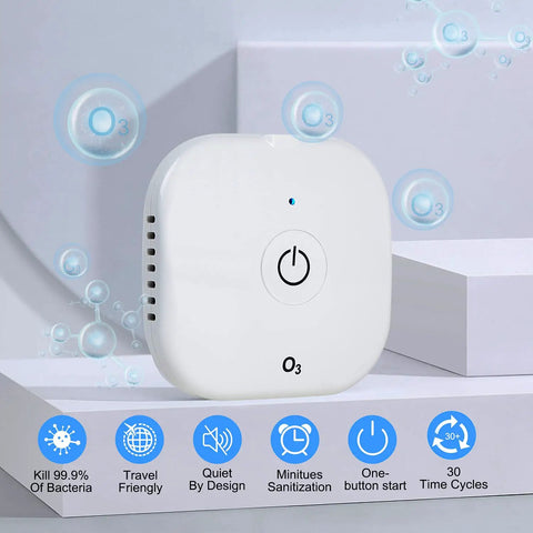 Ozone generator showing All In One Cleaner Kit With Travel Bag And USB Cable, Waterless Operation, Fast One Button Start.