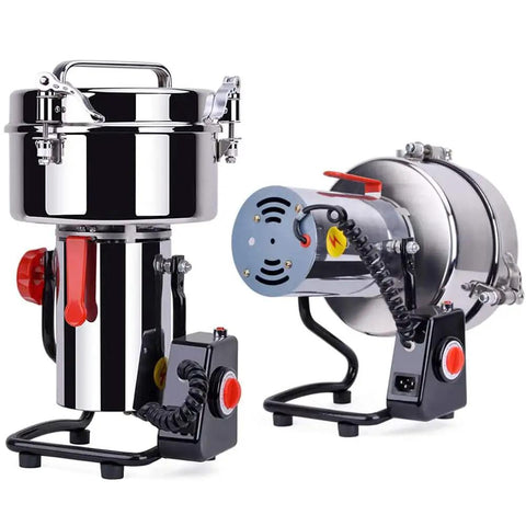 Electric Grain Grinder High Speed Stainless Steel All In One Powder Machine For Coffee Beans Rice Wheat Corn Pepper Salt Spices And Herbs Heavy Duty Home Kitchen Grinder front and back view
