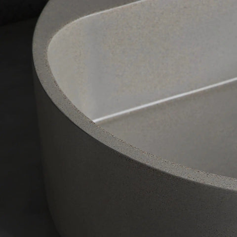 Close-up view of Top Tier Grey Terrazzo Round Vessel Sink 15.7 Inches above counter basin showcasing smooth, sealed surface.