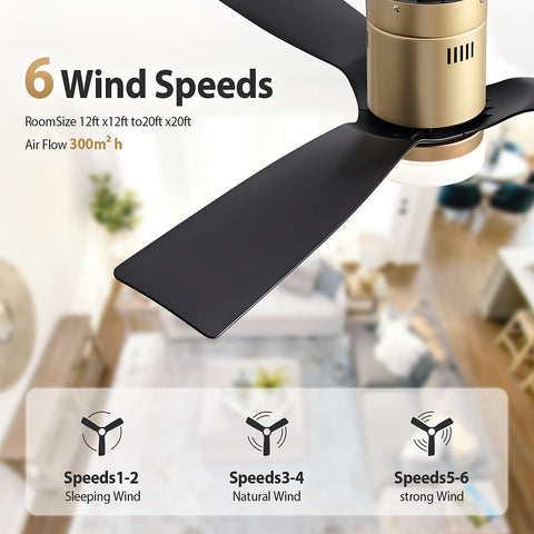 6 wind speed feature of 52 Inch Black Ceiling Fan With Lights And Remote, Whisper Quiet 6 Speed DC Motor for indoor outdoor use.