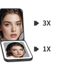 Rechargeable Dimmable LED Pocket Mirror with 3 Color Lighting and 1X to 3X Magnification showing magnified and normal reflections