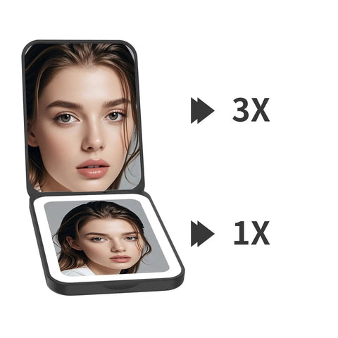 Rechargeable Dimmable LED Pocket Mirror with 3 Color Lighting and 1X to 3X Magnification showing magnified and normal reflections
