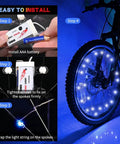 Two Wheel Pack Lit Ultra Bright LED Bike Wheel Lights installation steps with visible 20 bright LEDs per wheel shining.