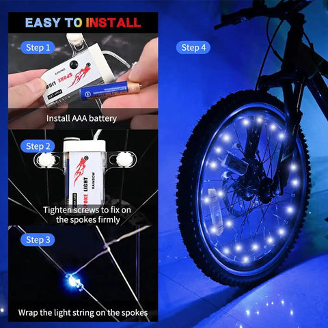 Two Wheel Pack Lit Ultra Bright LED Bike Wheel Lights installation steps with visible 20 bright LEDs per wheel shining.