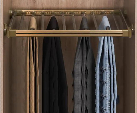 Game Changing Multi Layer Pull Out Pant Hanger Rack That Saves Your Closet Space To Keep Your Jeans Scarves And Ties Looking Fresh In Tight Sitches With Stylish Gold Decor Cover For Quick And Easy Installation