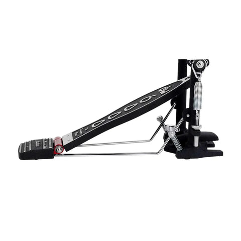 Single Bass Drum Pedal With Radius Rod Base Bearing Spring Rocker Assembly Delta Ball Bearing Hinge Dual Adjustable Toe Clamp And Three Drive Systems Including Accelerator Cam And Turbo Cam For Pro Drummers side view