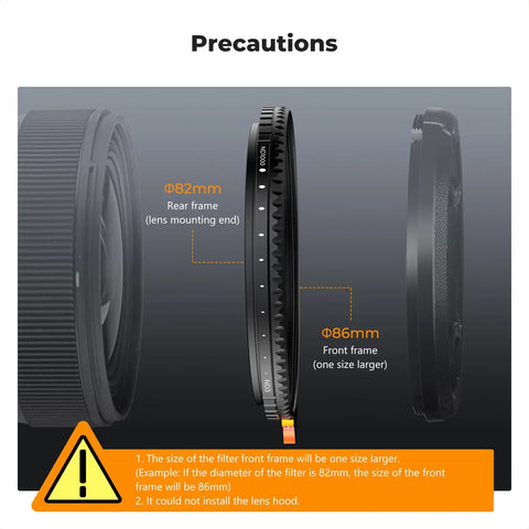 55mm Variable ND Filter ND3-ND1000 1.5-10 Stops for Cameras with 28 Layer Coatings showing filter frame sizes.