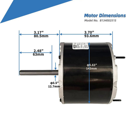 Heavy Duty 1/6 HP Condenser Fan Motor Replacement 1075 RPM 208-230V With 5 MFD Capacitor size dimensions diagram
