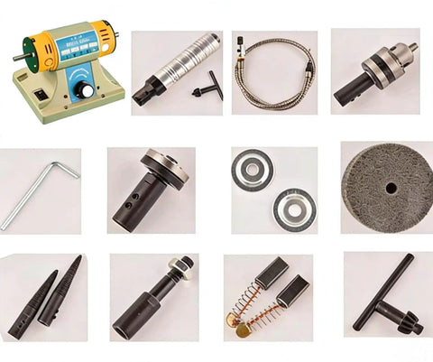 Kick Ass 350W Mini Electric Bench Grinder And Polisher Complete Kit featuring components for metal and jewelry crafting.