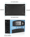 30A MPPT Solar Charge Controller For 12V/24V Systems With LCD Display, dimensions shown, dual USB ports, battery type detection.