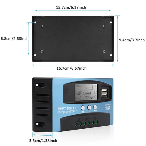 30A MPPT Solar Charge Controller For 12V/24V Systems With LCD Display, dimensions shown, dual USB ports, battery type detection.
