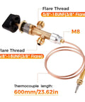 Low Pressure LPG Propane Patio Heater Gas Control Valve Kit With Three Eighth Inch Flare Inlet And Outlet For Fire Pit Grill and Fireplace Repairs Durable Brass And Plastic Assembly For Gas Appliances. Brass valve and 600 mm thermocouple.