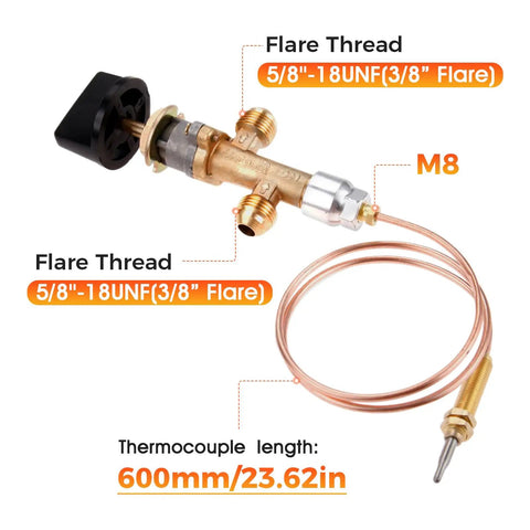 Low Pressure LPG Propane Patio Heater Gas Control Valve Kit With Three Eighth Inch Flare Inlet And Outlet For Fire Pit Grill and Fireplace Repairs Durable Brass And Plastic Assembly For Gas Appliances. Brass valve and 600 mm thermocouple.